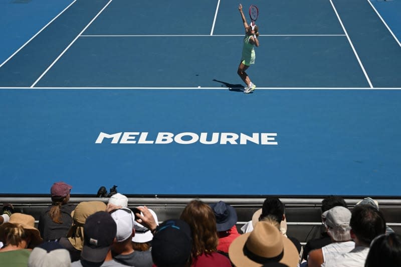 German tennis player Angelique Kerber in action against USA's Danielle Collins during their womne's singles first round tennis match of the 2024 Australian Open at Melbourne Park. Lukas Coch/AAP/dpa