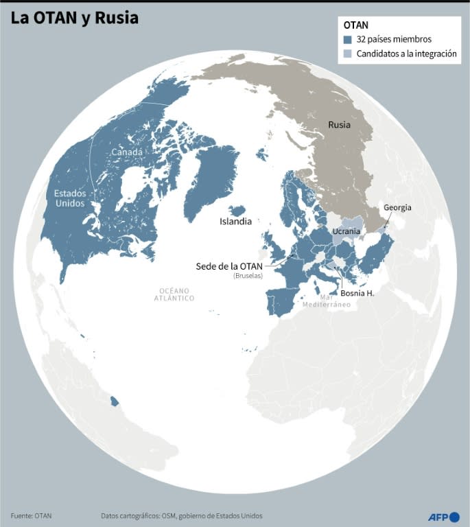 Mapa del mundo con los países integrantes de la OTAN, tras la adhesión de Suecia, los candidatos a la integración y Rusia (Nalini LEPETIT-CHELLA)