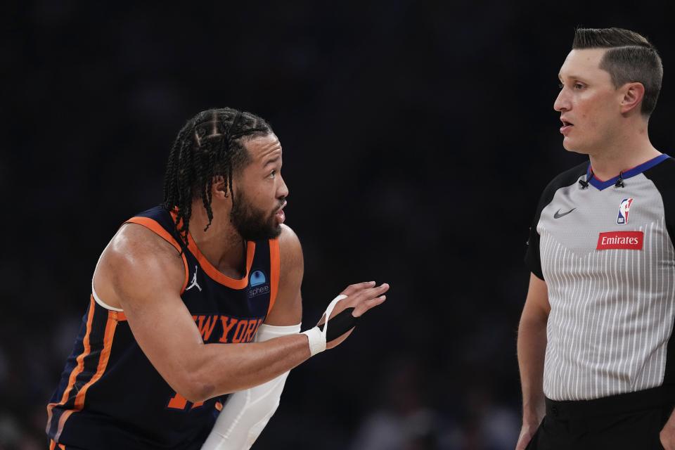New York Knicks' Jalen Brunson talks to a referee during the first half of Game 2 in the team's NBA basketball second-round playoff series against the Indiana Pacers, Wednesday, May 8, 2024, in New York. (AP Photo/Frank Franklin II)