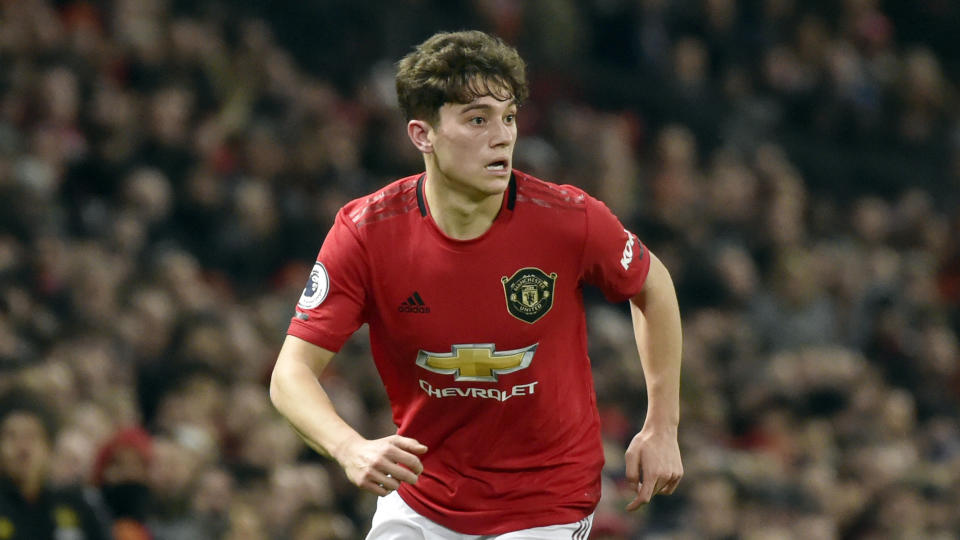 Manchester United's Daniel James during the English Premier League soccer match between Manchester United and Tottenham Hotspur at Old Trafford in Manchester, England, Wednesday, Dec. 4, 2019. (AP Photo/Rui Vieira)