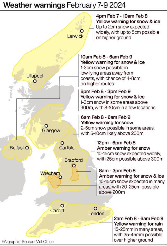 Met Office issues amber warnings for snow and ice on Thursday