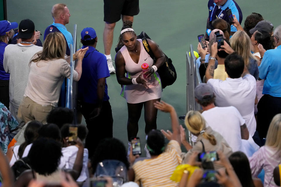 Seen here, Serena Williams leaving the court after losing her first round match against Emma Raducanu at the Cincinnati Masters. 