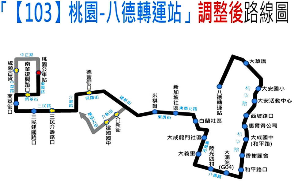 桃園-八德轉運站調整後路線圖。<br /><br />
