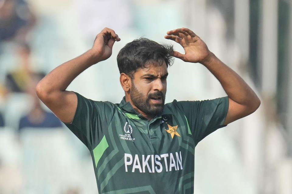 Pakistan's Haris Rauf reacts after bowling during the ICC Men's Cricket World Cup match between Pakistan and England in Kolkata, India, Saturday, Nov. 11, 2023. (AP Photo/Bikas Das)