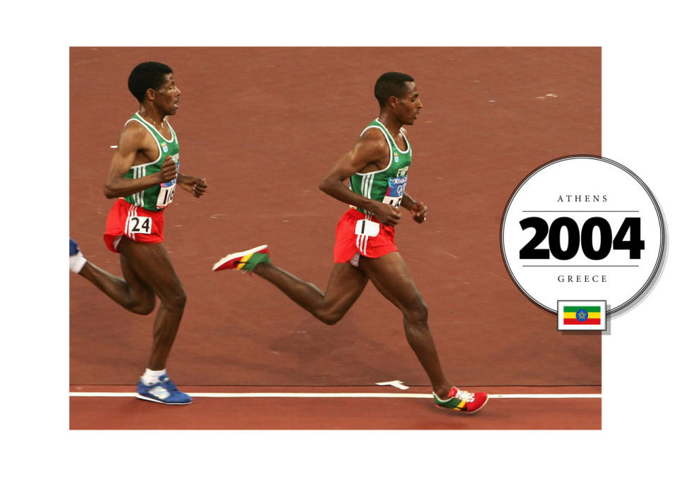 Kenenisa Bekele, representing Ethiopia, wore the most vibrant uniform at the 2004 Summer Olympics in Athens. He wore his country’s colors on his feet, too, with custom Nike shoes. (Getty Images)