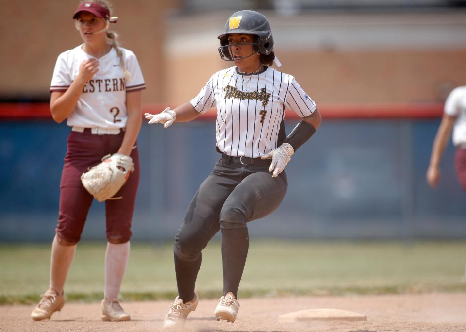 Waverly's Lettie Sutton stops just past second base after hitting a 2-RBI double against Parma Western, Saturday, June 10, 2023, at Mason High School.