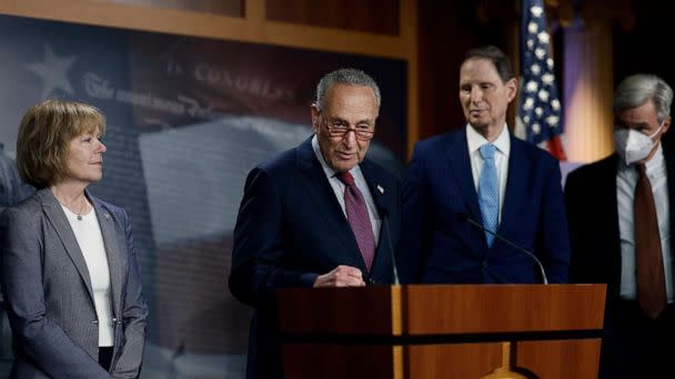 PHOTO: Senate Majority Leader Chuck Schumer speaks during a news conference following the weekly Caucus Meeting with Senate Democrats at the Capitol, Aug. 2, 2022. (Anna Moneymaker/Getty Images)
