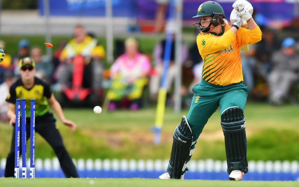 Dane Van Niekerk captain of South Africa bowled by Delissa Kimmince of Australia during the ICC Women's T20 Cricket World Cup Warm Up match between Australia and South Africa - - Mark Brake/Getty Images