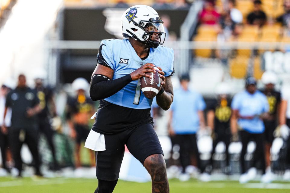 Arkansas transfer KJ Jefferson completed 12 of 22 passes for 271 yards and two touchdowns during UCF's spring football game at FBC Mortgage Stadium, Friday, April 12, 2024.