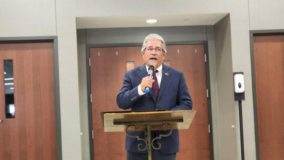 Pastor Spike Maldonado of the New Life Church of Amarillo gave his impressions Tuesday on the late Judge Ernie Houdashell and his legacy at the naming ceremony at the Randall County Annex.