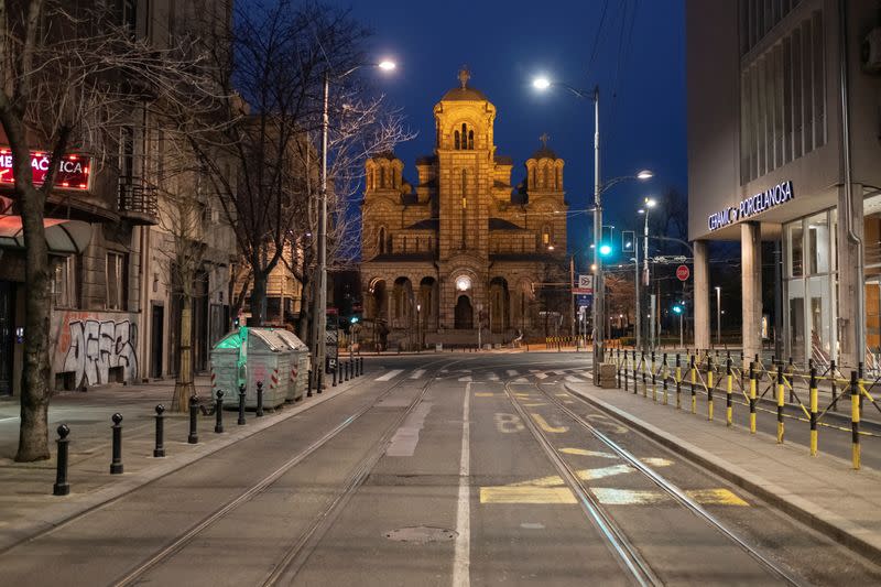 FILE PHOTO: St. Marko's church pictured during a curfew imposed to prevent the spread of coronavirus disease (COVID-19) in Belgrade