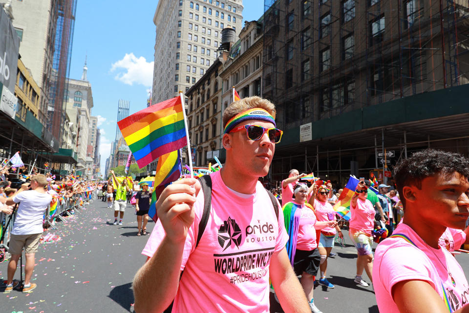 A man waves a rainbow flag during the NYC Pride Parade in New York, Sunday, June 30, 2019. (Gordon Donovan/Yahoo News)