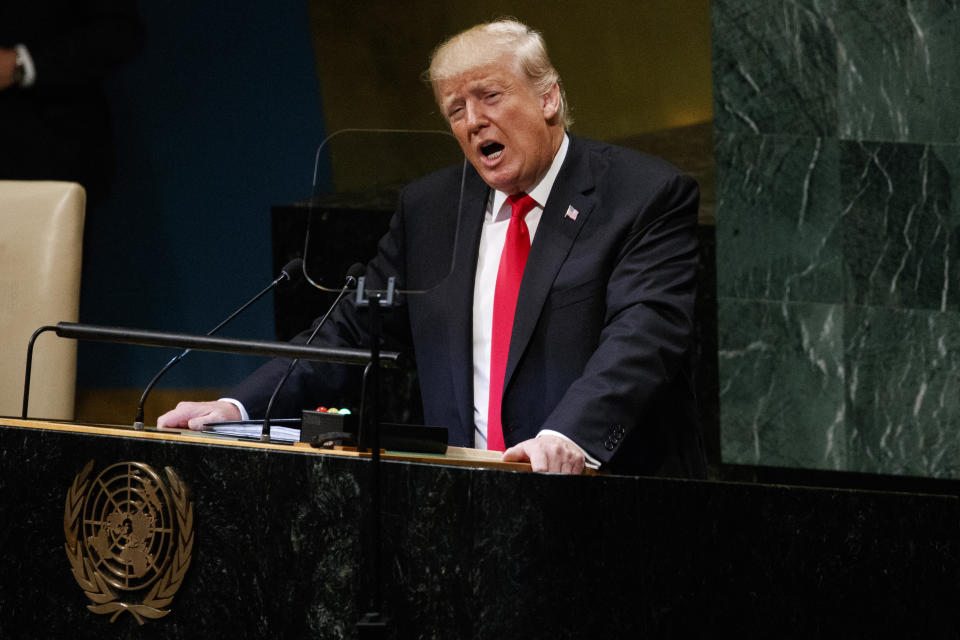 President Donald Trump delivers a speech to the United Nations General Assembly, Tuesday, Sept. 25, 2018, at U.N. Headquarters. (AP Photo/Evan Vucci)