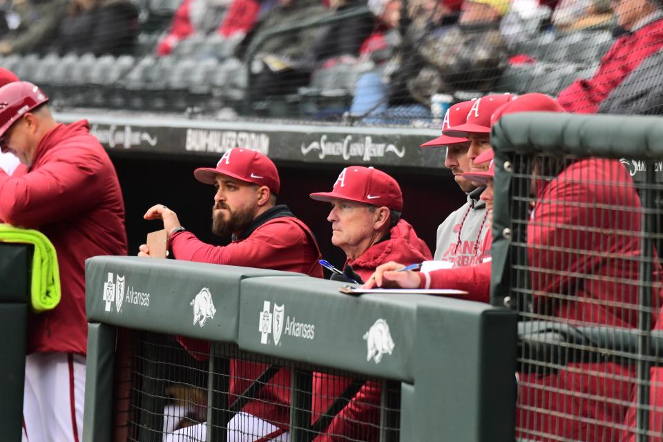 Arkansas baseball coach Dave Van Horn looks on from the dugout during the Razorbacks' Opening Day game against James Madison on Friday, Feb. 16.