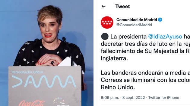 Anabel Alonso y tuit de la Comunidad de Madrid. (Photo: GTRES/ TWITTER COMUNIDAD DE MADRID)