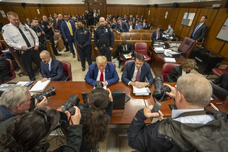 Former President Donald Trump sits in the Manhattan criminal court room on Monday. In court, Judge Merchan told the former president that he does not want to put him in jail but will "if necessary." Trump would be the first ex-president to spend any amount of time in prison. Pool photo by Steven Hirsch/UPI