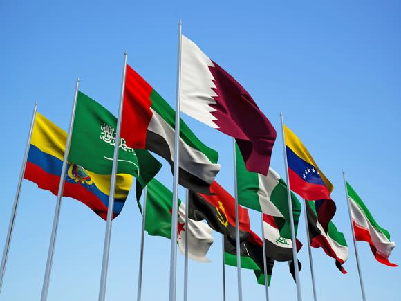 The flags of OPEC nations flying in the breeze with a blue sky in the background.