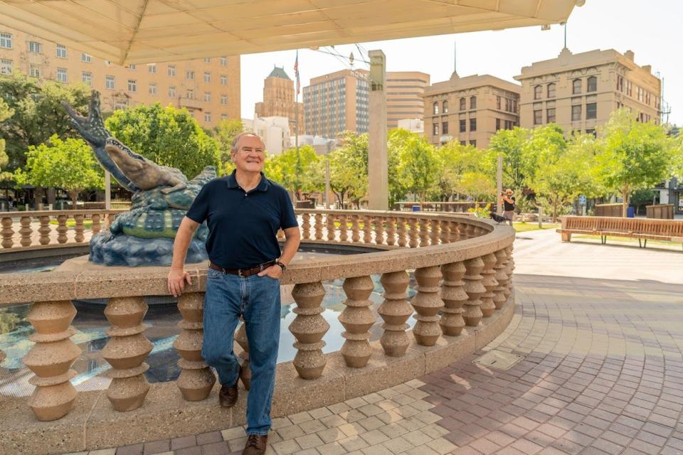 Steven Keough, a Democrat seeking to unseat U.S. Sen. Ted Cruz, poses for a photo at San Jacinto Plaza during a recent visit to El Paso.