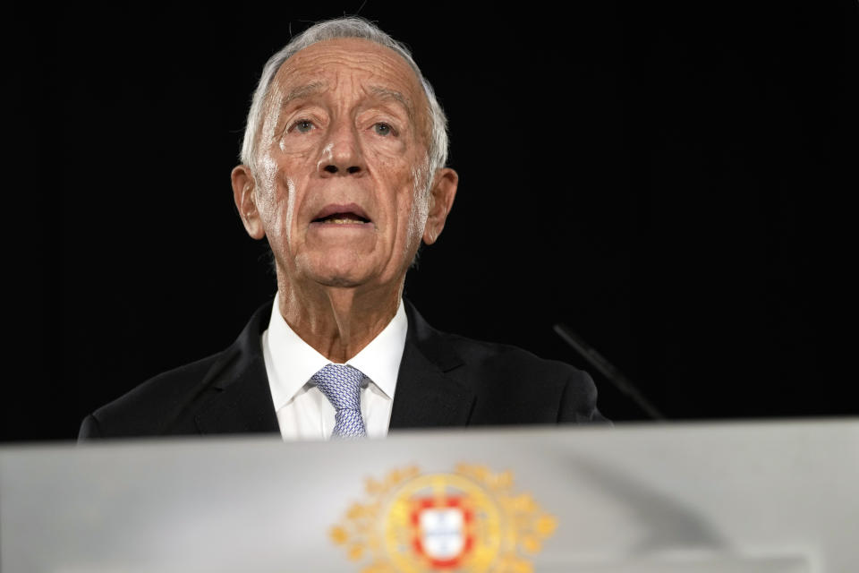 Portuguese President Marcelo Rebelo de Sousa addresses the country after hosting a meeting of the Council of State at the Belem presidential palace in Lisbon, Thursday, Nov. 9, 2023. On Tuesday, Prime Minister Antonio Costa resigned while his government is involved in a widespread corruption probe. (AP Photo/Armando Franca)