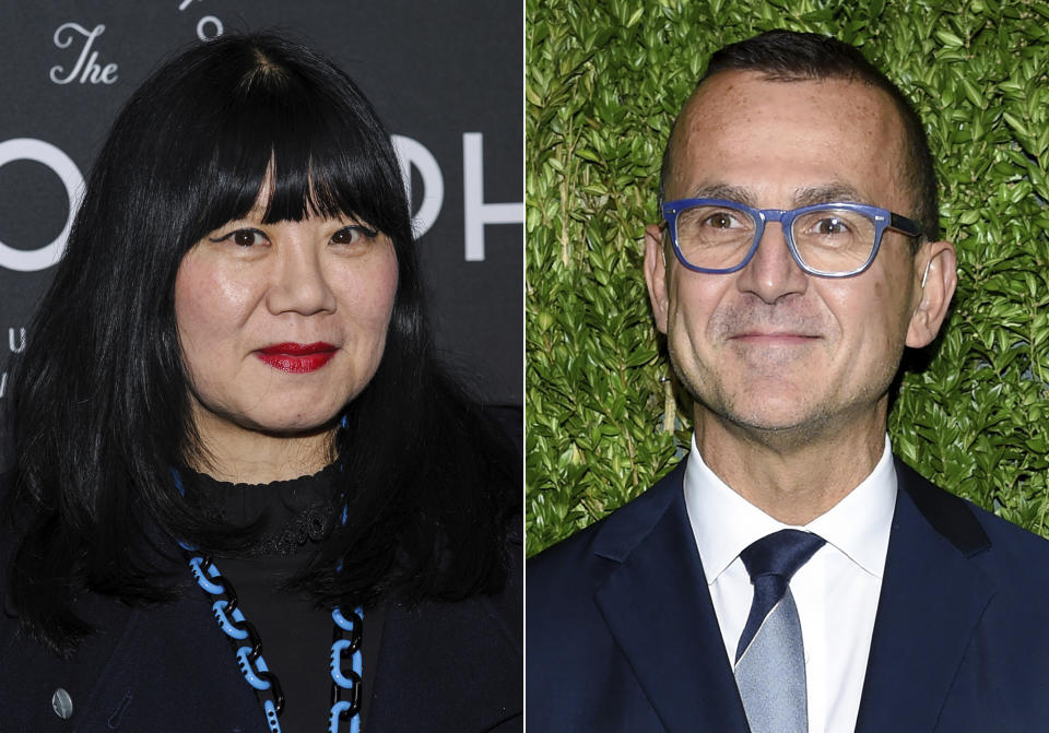 This combination photo shows Anna Sui at the third anniversary party for Metrograph in New York on March 21, 2019, left, and Council of Fashion Designers of America CEO Steven Kolb at the 15th annual CFDA / Vogue Fashion Fund event in New York on Nov. 5, 2018. The CFDA has been pushing designers to go digital this Fashion Week, which begins Sunday evening and lasts through Wednesday. Sui will be presenting a video of her new fall collection. (AP Photo)