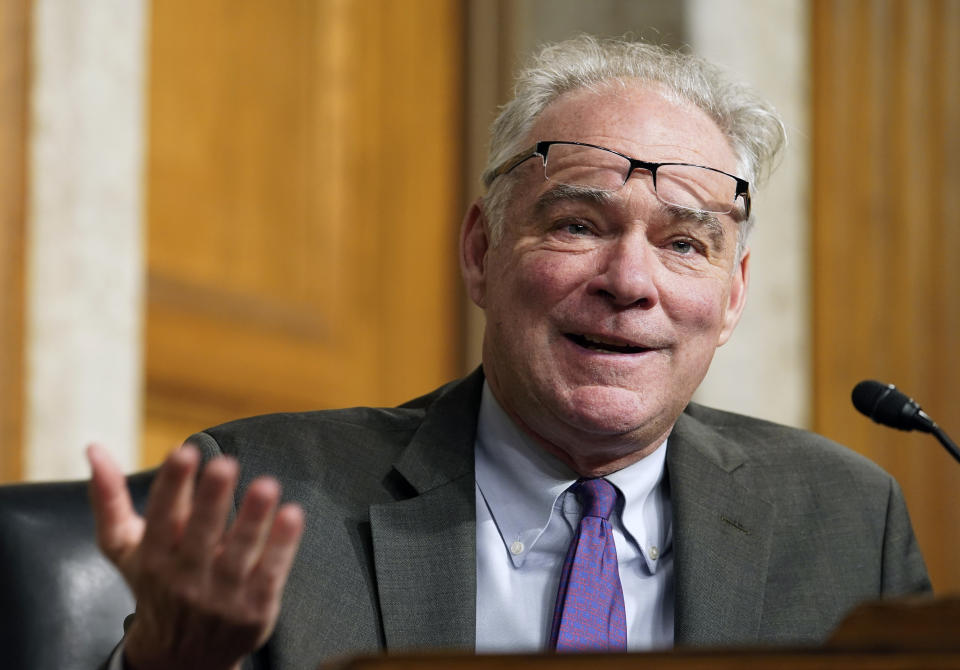 FILE - Sen. Tim Kaine, D-Va., speaks during a Senate Armed Services hearing on Capitol Hill, on July 21, 2022, in Washington. Kaine, the 2016 Democratic vice presidential nominee and a fixture in Virginia politics for decades, said Friday that he would seek reelection next year, easing his party's worries about holding on to a seat in a state now led by a Republican governor. (AP Photo/Mariam Zuhaib, File)