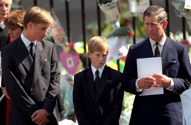 PHOTO: The Prince of Wales with Prince William and Prince Harry outside Westminster Abbey at the funeral of Diana, The Princess of Wales on September 6, 1997.  (Anwar Hussein/WireImage via Getty Images, FILE)