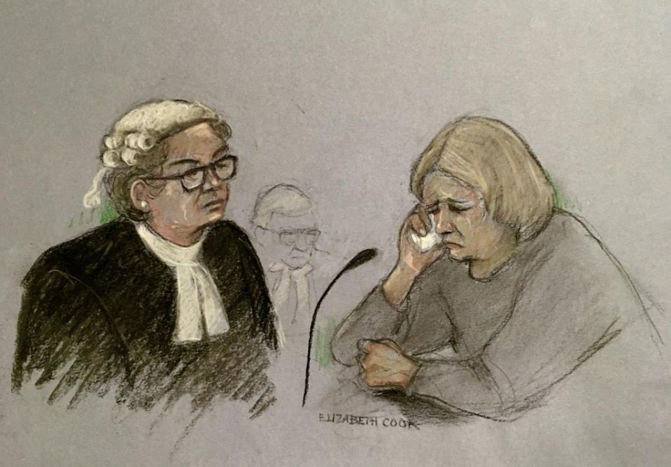 Court artist sketch by Elizabeth Cook of Penelope Jackson (right) weeping in the dock at Bristol Crown Court (Elizabeth Cook/PA Wire)