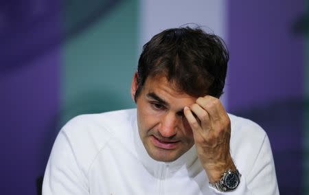 Britain Tennis - Wimbledon - All England Lawn Tennis & Croquet Club, Wimbledon, England - 8/7/16 Switzerland's Roger Federer during a press conference after losing his semi final match to Canada's Milos Raonic REUTERS/Gary Hershorn