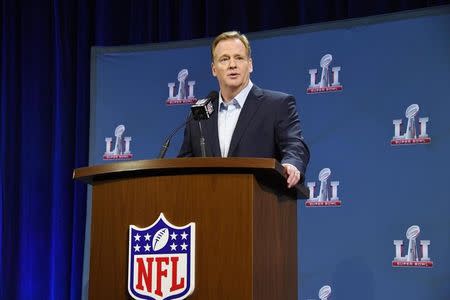 Feb 1, 2017; Houston, TX, USA; NFL commissioner Roger Goodell during a press conference in preparation for Super Bowl LI at George R. Brown Convention Center. Kirby Lee-USA TODAY Sports -