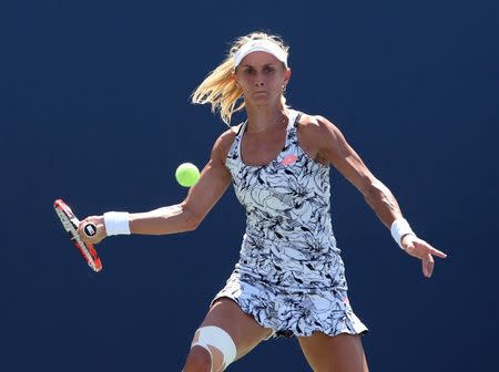 Sep 2, 2016; New York, NY, USA; Caroline Wozniacki of Denmark hits a shot to Monica Niculescu of Romania on day five of the 2016 U.S. Open tennis tournament at USTA Billie Jean King National Tennis Center. Mandatory Credit: Jerry Lai-USA TODAY Sports