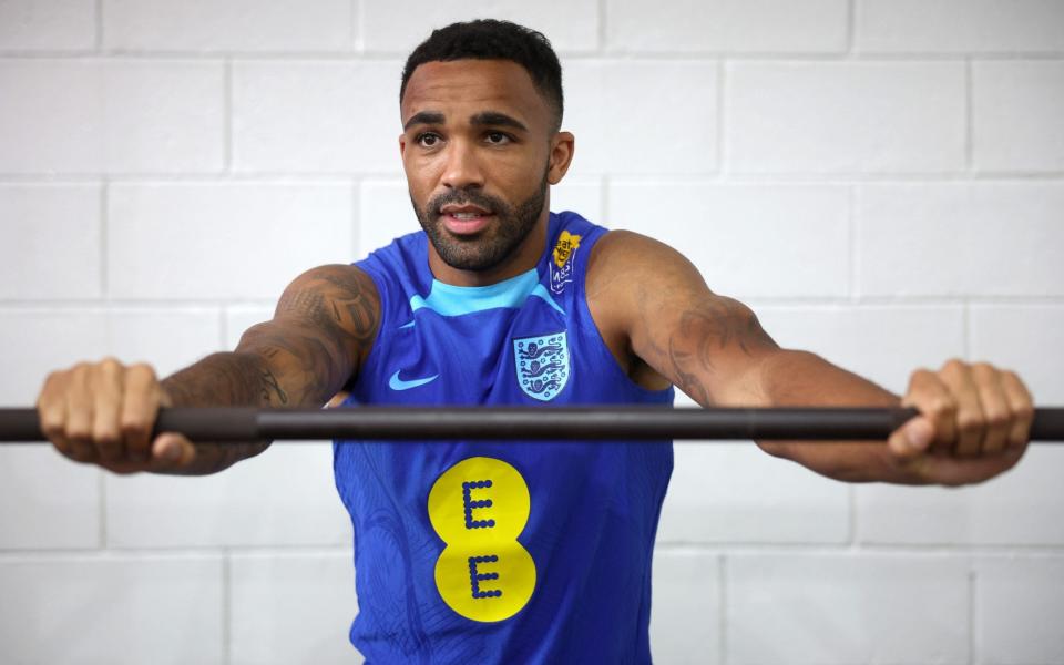 Callum Wilson of England stretches during a training session in the gym at Al Wakrah Stadium - Eddie Keogh - The FA