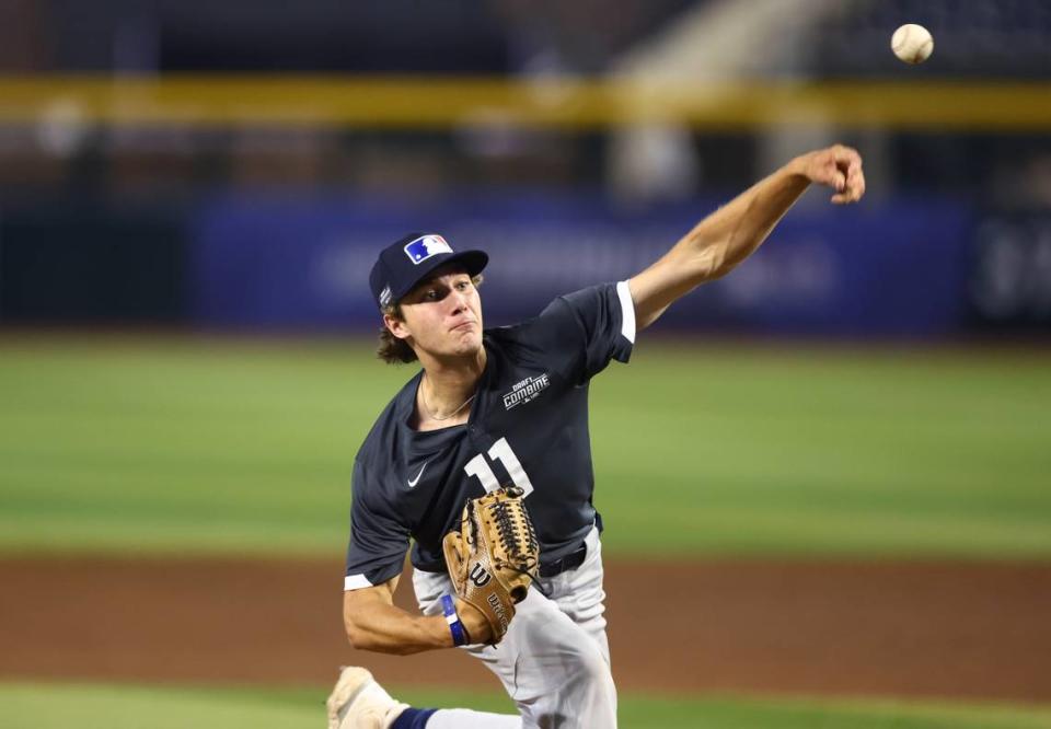 Draft prospect Tristan Dietrich during a high school baseball game at the MLB Draft Combine at Chase Field.