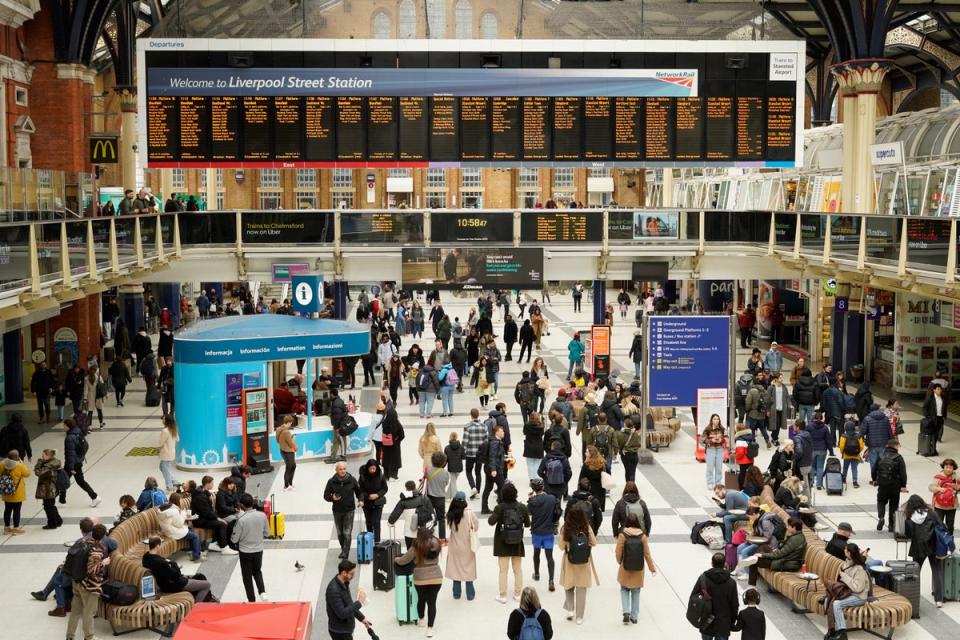 Travellers at Liverpool Street station during the Easter weekend (Lucy North/PA)
