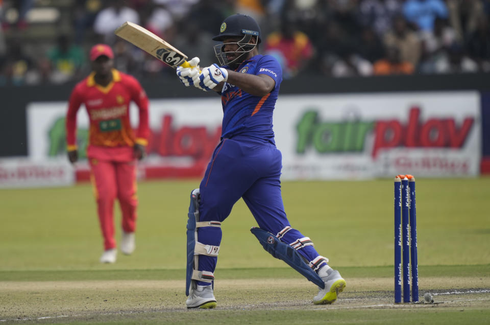 India batsman Sang Samson in action on the second day of the One Day International cricket match between Zimbabwe and India at Harare Sports Club in Harare, Zimbabwe, Saturday, Aug, 20, 2022. (AP Photo/Tsvangirayi Mukwazhi)