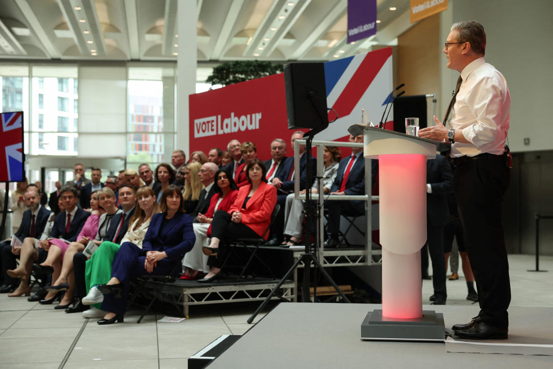 British opposition Labour Party leader Keir Starmer speaks at the launch of the Labour Party's manifesto, in Manchester, Britain, June 13, 2024. REUTERS/Phil Noble