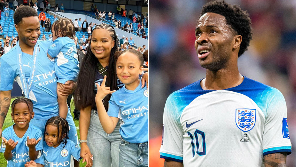 Raheem Sterling rushed home from Qatar to be with his fiancee Paige Milian and their kids, following reports the family home was broken into by armed burglars. Pic: Instagram/Getty