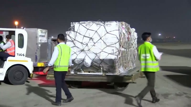 A shipment of vital medical supplies from the United Kingdom arrives in New Delhi