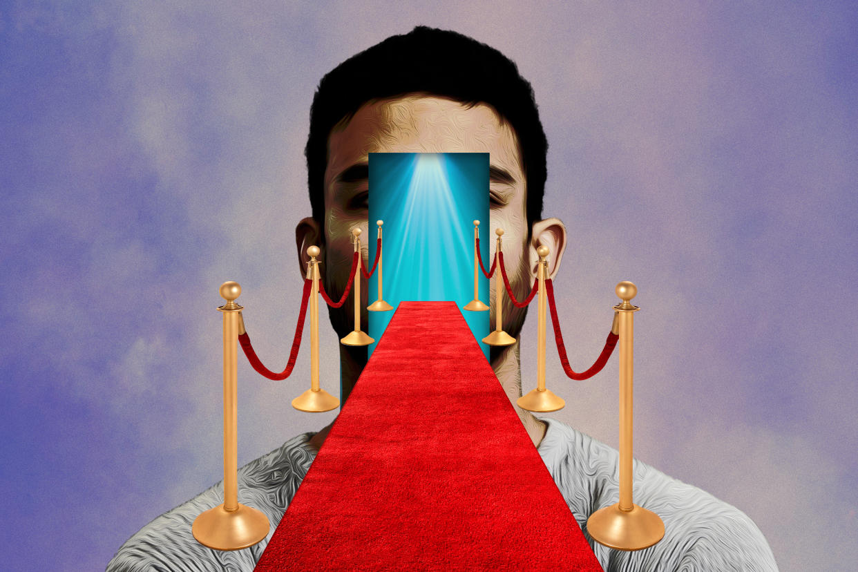 A photo illustration shows a red carpet, bordered by velvet ropes, leading toward a person's face.