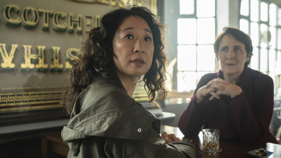 This image released by BBC America shows Sandra Oh and Fiona Shaw in a scene from "Killing Eve." (Olly Courtney/BBCA via AP)