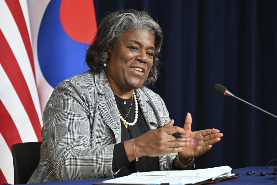 U.S. Ambassador to the United Nations Linda Thomas-Greenfield speaks during a press conference at the American Diplomacy House in Seoul Wednesday, April 17, 2024. (Jung Yeon-je/Pool Photo via AP)