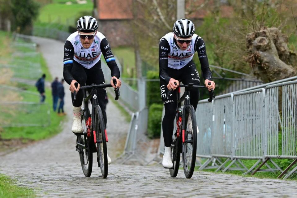 Italian Matteo Trentin of UAE Team Emirates and Slovenian Tadej Pogacar of UAE Team Emirates pictured on the Paterberg during preparations of several teams on the track ahead of the Ronde van Vlaanderen Tour des Flandres Tour of Flanders cycling race Friday 31 March 2023 The 107th edition of the cycling race will take place on Sunday 02 April BELGA PHOTO DIRK WAEM Photo by DIRK WAEM  BELGA MAG  Belga via AFP Photo by DIRK WAEMBELGA MAGAFP via Getty Images