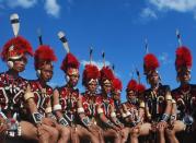 Naga tribesmen from the Pochury tribe clad in traditional attire. The Pochury people are one of 14 major Naga tribes.