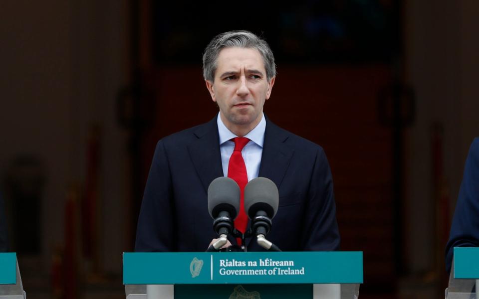 Taoiseach Simon Harris pictured outside the Government Buildings, Dublin, as he announced that Ireland would recognise the state of Palestine