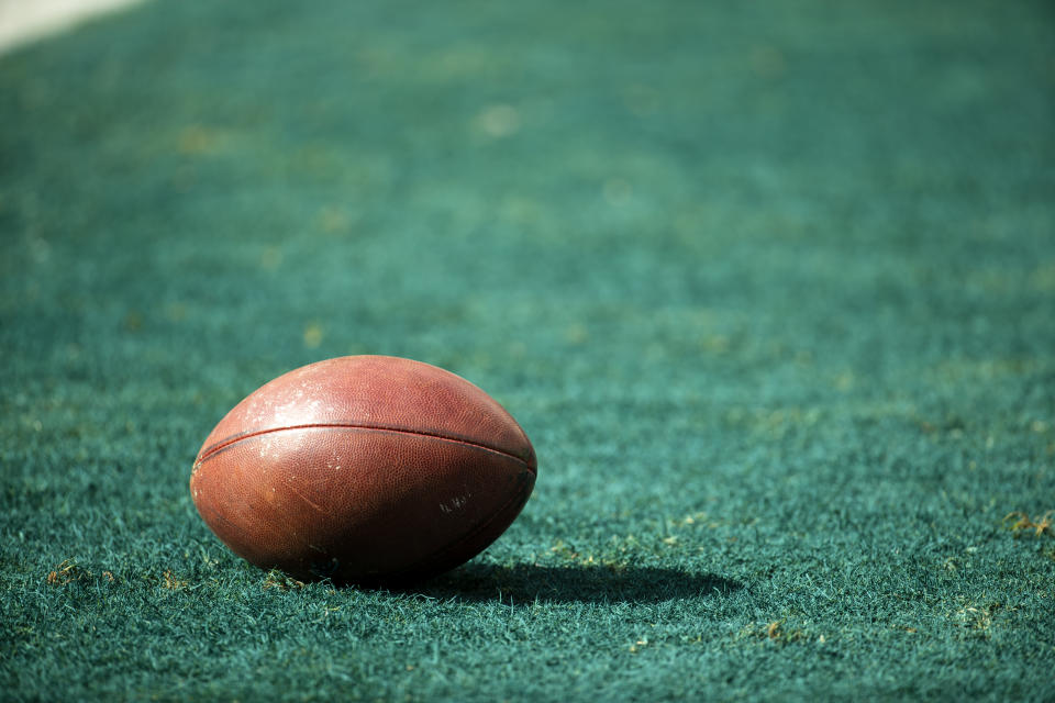 Detail view of American football on field during the game at Lincoln Financial Field on October 21, 2018 in Philadelphia, Pennsylvania. Carolina defeats Philadelphia 21-17.  (Photo by Brett Carlsen/Getty Images) *** Local Caption ***