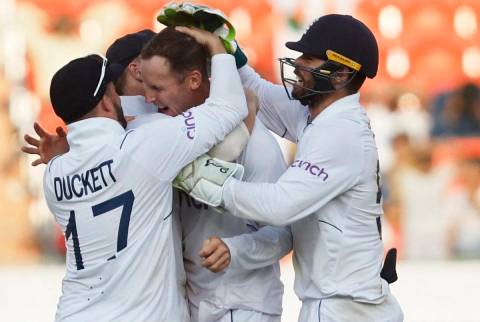 Man of the moment: Tom Hartley had seven wickets as England took a 1-0 series lead (REUTERS)