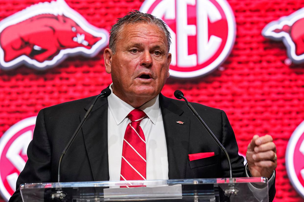 Jul 20, 2022; Atlanta, GA, USA; Arkansas head coach Sam Pittman shown on the stage during SEC Media Days at the College Football Hall of Fame. Mandatory Credit: Dale Zanine-USA TODAY Sports