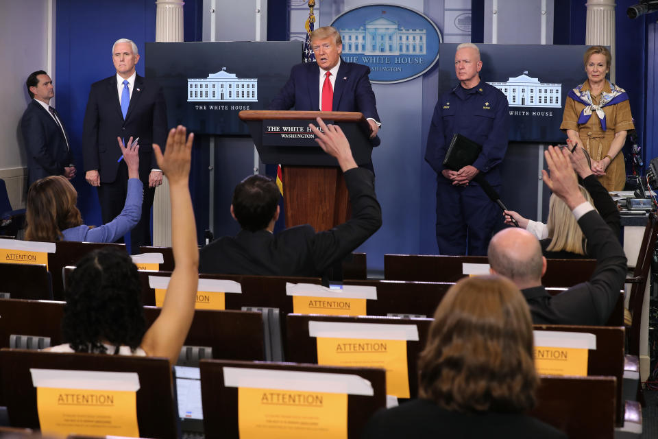 WASHINGTON, DC - APRIL 06: (2nd L-R) U.S. Vice President Mike Pence, President Donald Trump, Assistant Secretary for Health Admiral Brett Giroir and Dr. Deborah Birx, coronavirus response coordinator, speak to reporters following a meeting of his coronavirus task force in the Brady Press Briefing Room at the White House on April 06, 2020 in Washington, DC. (Photo by Chip Somodevilla/Getty Images)