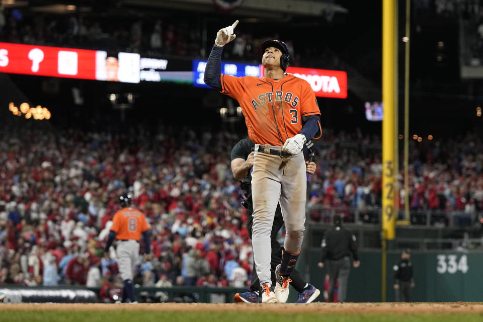 Houston Astros' Jeremy Pena celebrates his home run during the fourth inning in Game 5 of baseball's World Series between the Houston Astros and the Philadelphia Phillies on Thursday, Nov. 3, 2022, in Philadelphia. (AP Photo/David J. Phillip)