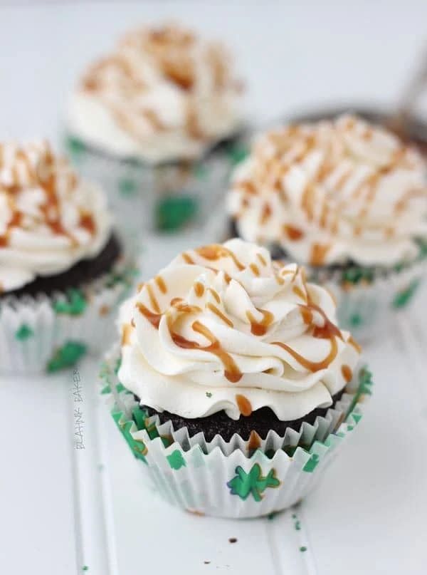 <p>Smooth, sweet Irish whiskey pairs beautifully with chocolate and caramel flavors. These cupcakes also incorporate Guinness for a double hit of boozy goodness. </p><p>Get the <strong><a href="https://aclassictwist.com/chocolate-guinness-cupcakes-whiskey-caramel-baileys-buttercream/" rel="nofollow noopener" target="_blank" data-ylk="slk:Chocolate Guinness Cupcakes with Whiskey Caramel and Baileys Buttercream recipe;elm:context_link;itc:0;sec:content-canvas" class="link ">Chocolate Guinness Cupcakes with Whiskey Caramel and Baileys Buttercream recipe</a> </strong>from A Classic Twist.</p>