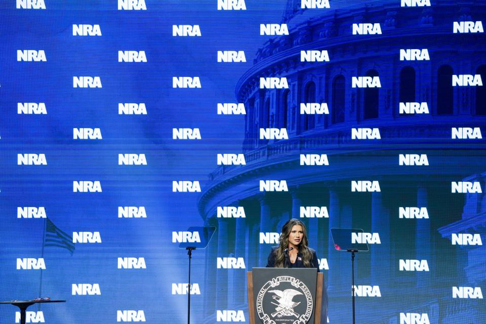 South Dakota Governor Kristi Noem speaks Friday, April 14, 2023, during the NRA convention at the Indiana Convention Center in Indianapolis.